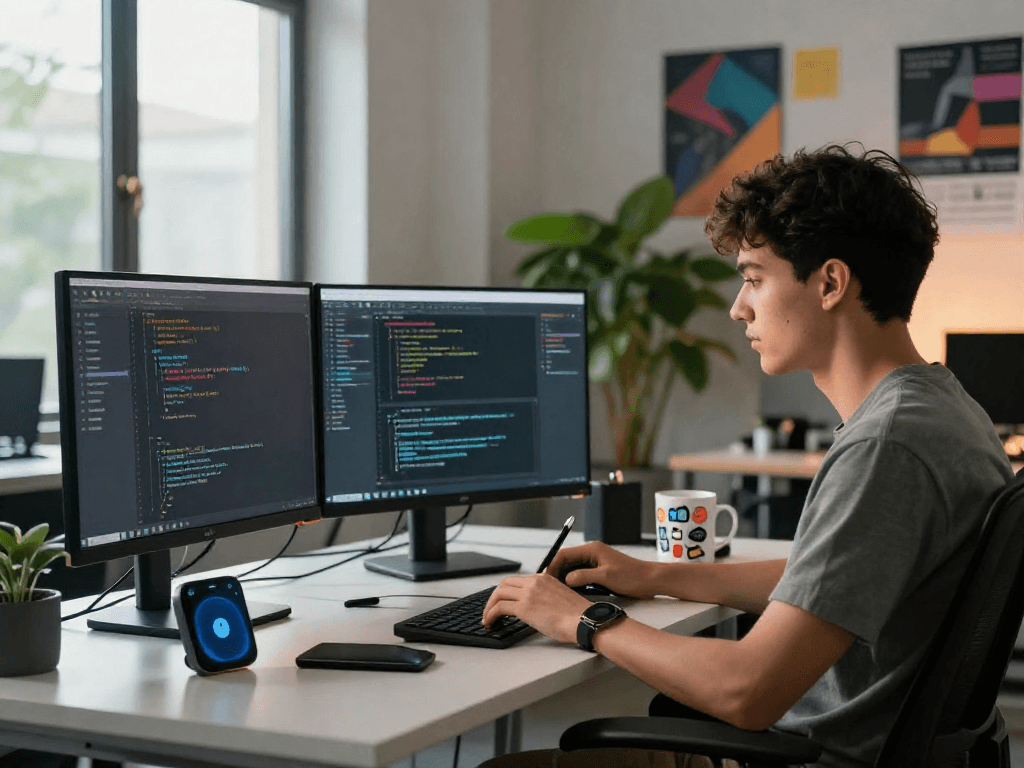 Gambar workspace modern dengan profesional muda fokus pada programming wifi 4d di meja kerja yang stylish.
