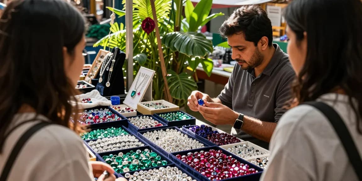 Discover top-quality gemstones at https://www.mygemspot.com with a vibrant gem market showcasing sparkling gems and expert interactions.