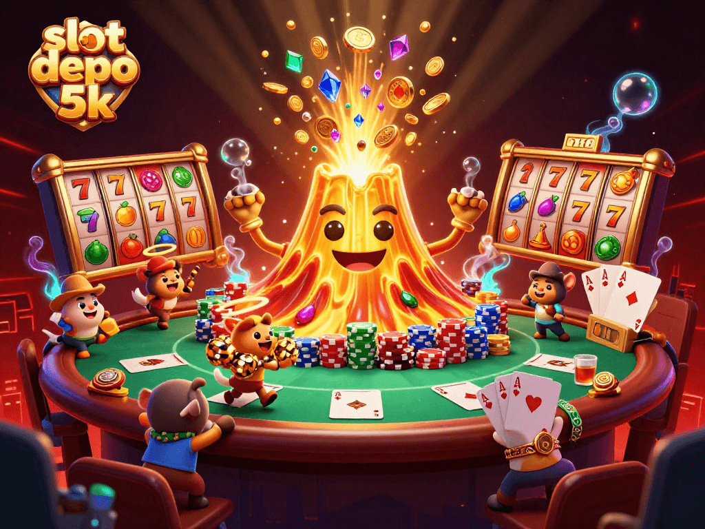 Experience thrilling gameplay with slot depo 5k in a vibrant 3D illustration featuring a golden volcano and rich casino elements.