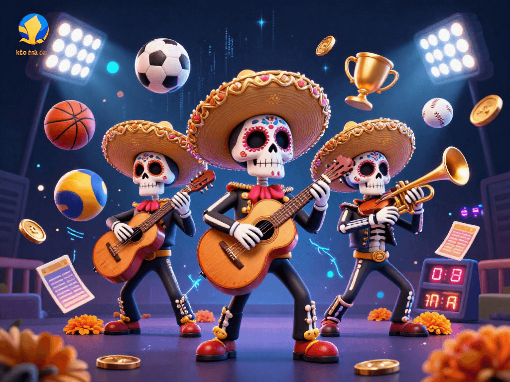 Engage with kèo nhà cái through an exciting 3D illustration featuring a lively mariachi band and sports betting elements.