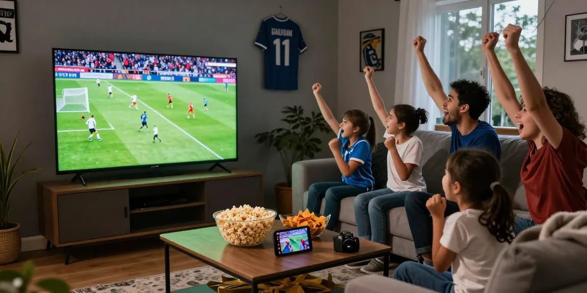 Fans celebrating مباريات اليوم during a live football match in a cozy living room.