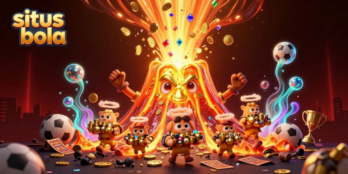 Betting on situs bola brings excitement; sports balls, slips, and trophies surround a golden volcano.