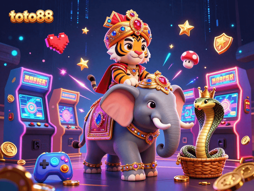 Experience excitement with toto88 as a 3D maharaja tiger and elephant bring casino magic to life.