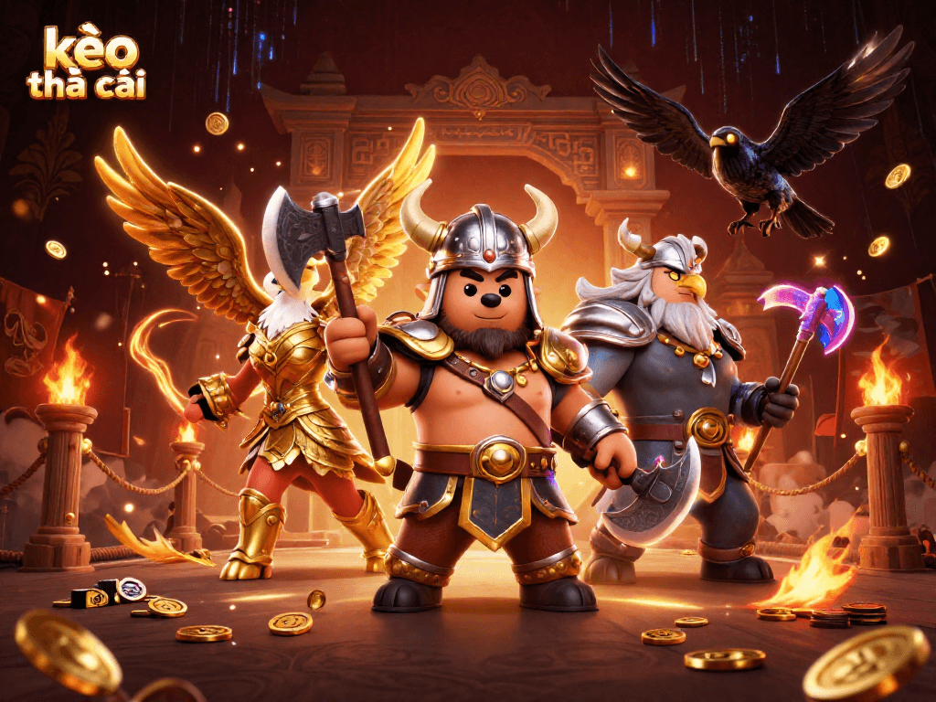 Engage with kèo nhà cái in this dramatic 3D scene featuring Viking bear and Valkyrie eagle.