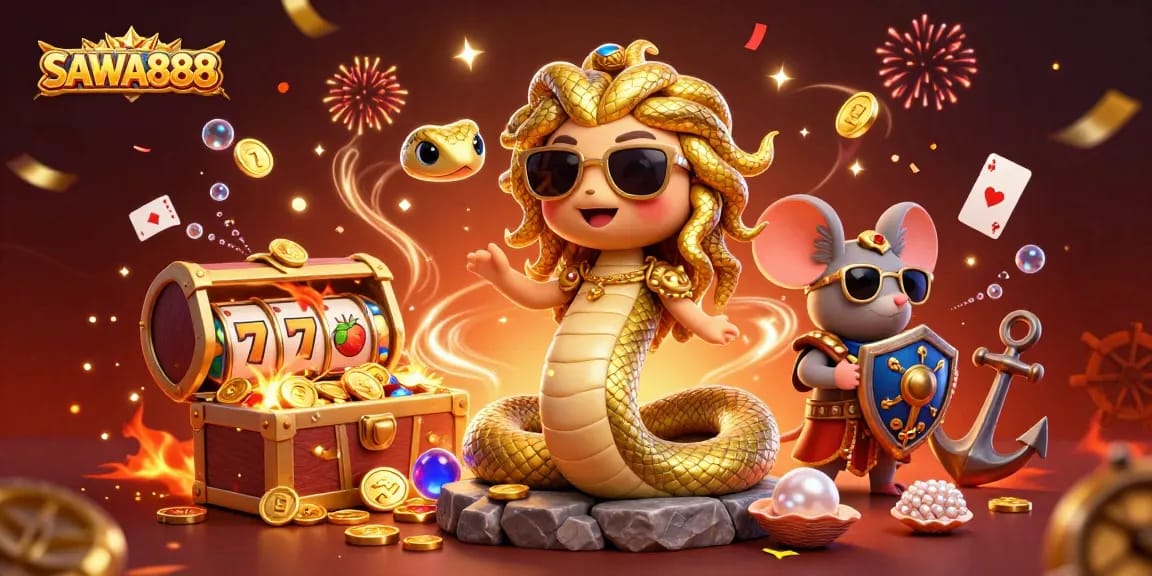 Engage with SAWA888's exciting online slots featuring a dynamic scene of characters and gaming elements.