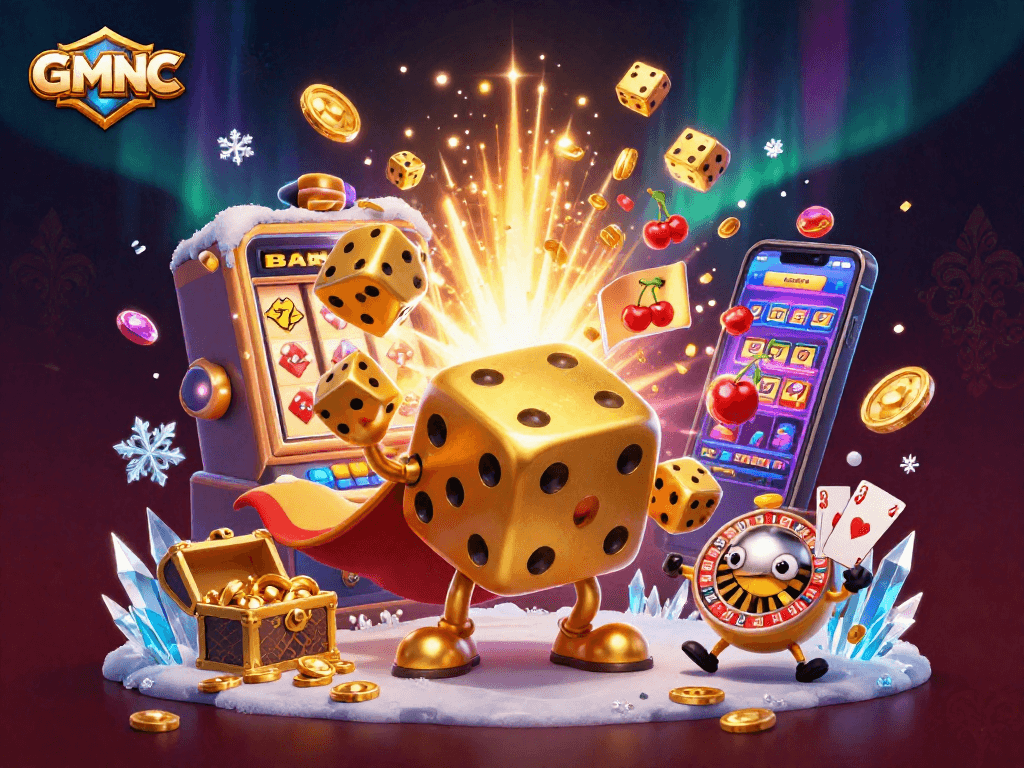 Engage with GMNC's vibrant gambling scene featuring a dynamic golden dice golem and thrilling casino elements.