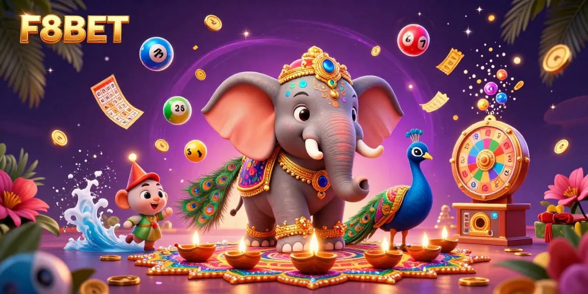 Engage with F8BET's vibrant 3D lottery scene adorned with colorful elements and festive decorations.
