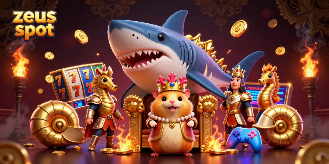 Experience the excitement of zeus slot with golden hamster king reigning over a dynamic casino world filled with vivid gaming elements.