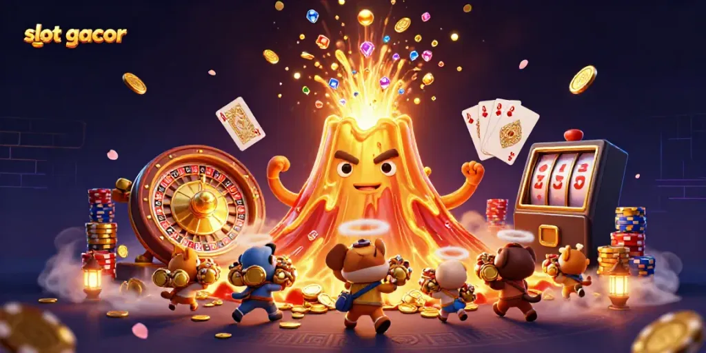 Experience the thrill of slot gacor with a vibrant 3D volcano scene bursting with treasures.