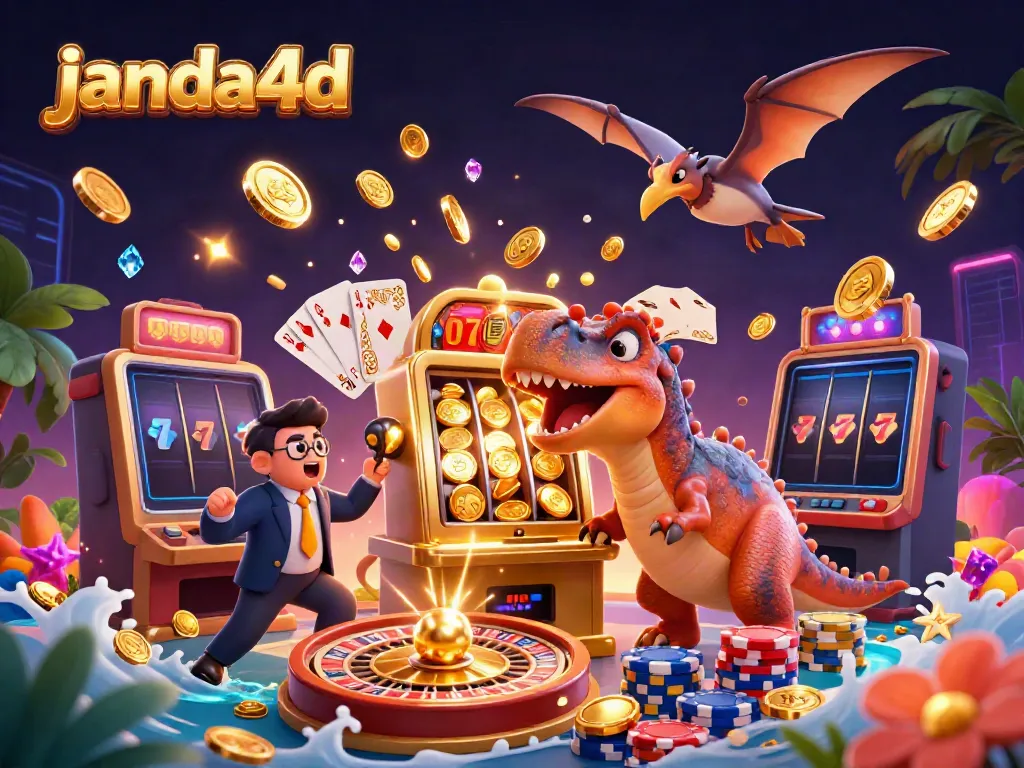 Permainan slot janda4d dengan dinosaurus dan kasino penuh emas serta kartu bertumpuk