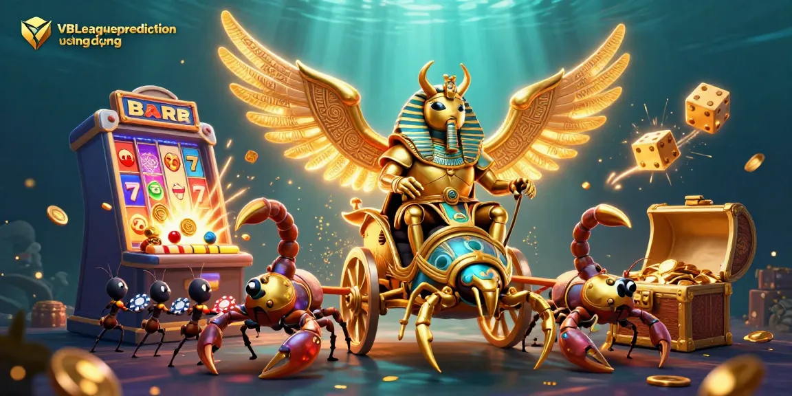 Engage with VBLeaguepredictionứngdụng featuring a golden scarab beetle and slot machine in a vibrant casino scene