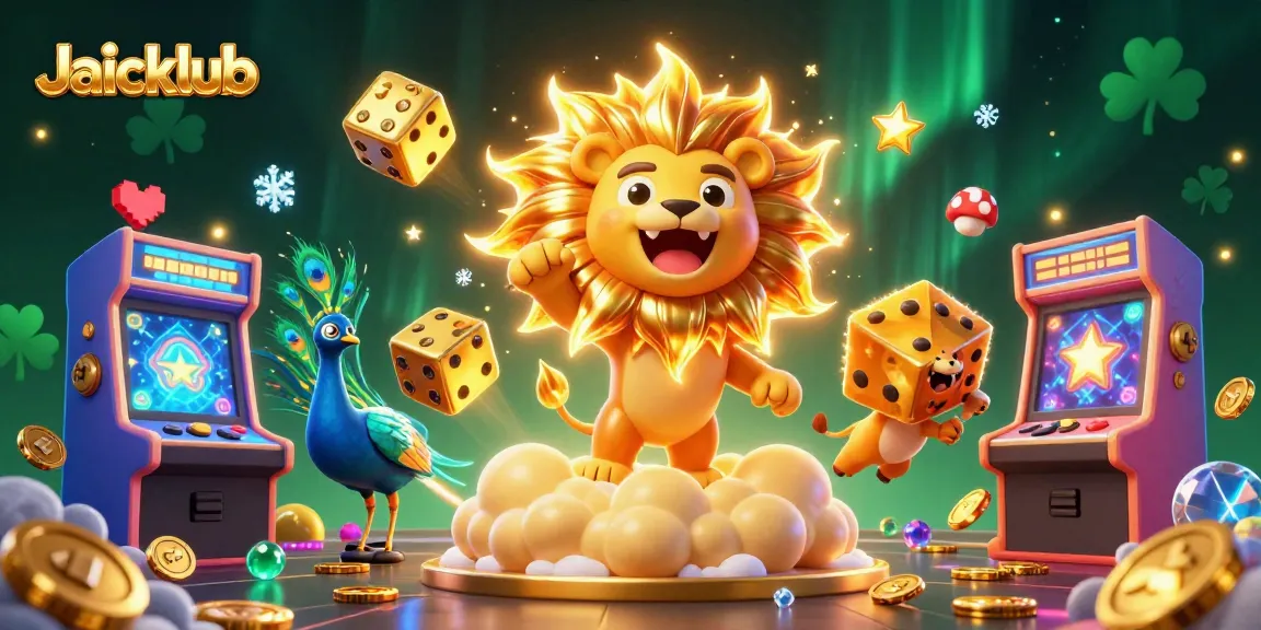 Join the exciting Jaiclub gaming adventure with roaring lion, golden dice, and vibrant gaming elements.