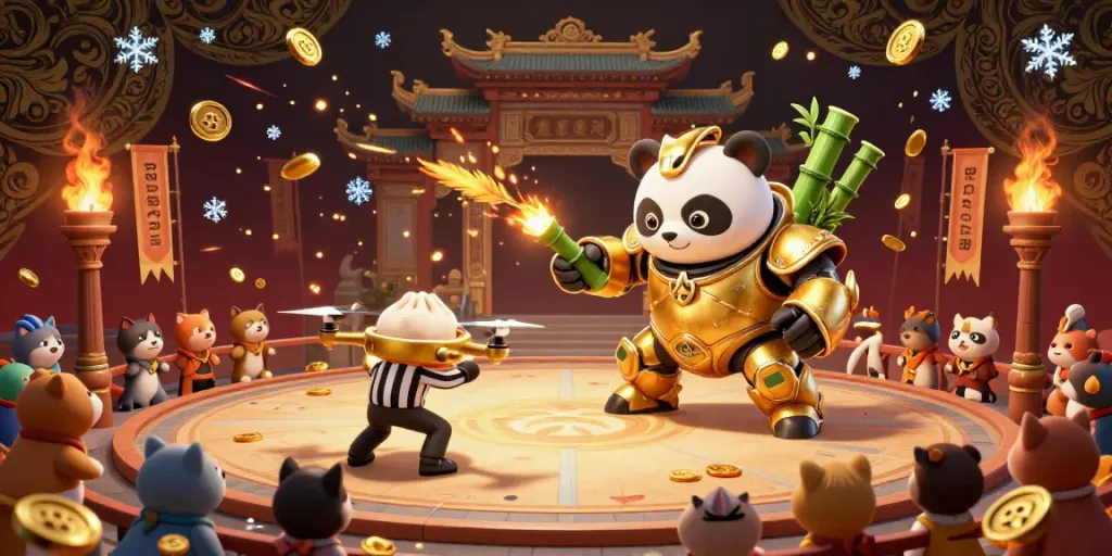 Engage in thrilling battles at Mataram Toto's vibrant 3D arena featuring a golden panda mech.