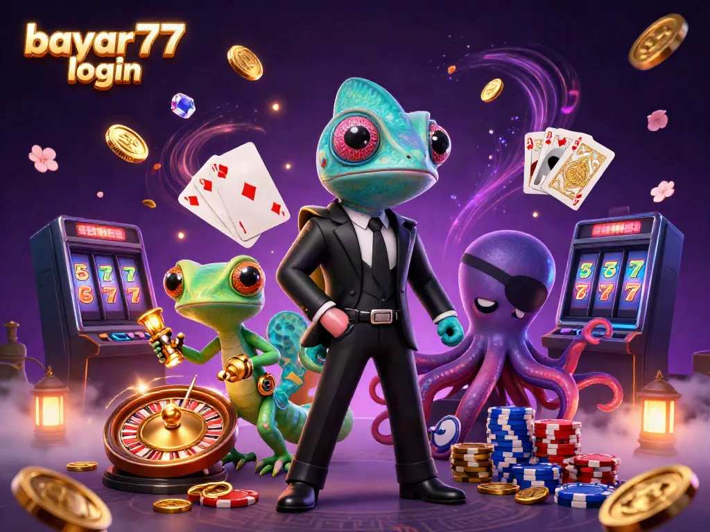 Win big with bayar77 login in this exciting casino adventure illustration featuring vibrant characters and elements.