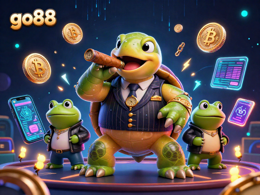 Engage with go88's vibrant casino experience featuring a 3D mobster turtle and bullfrog enforcers.