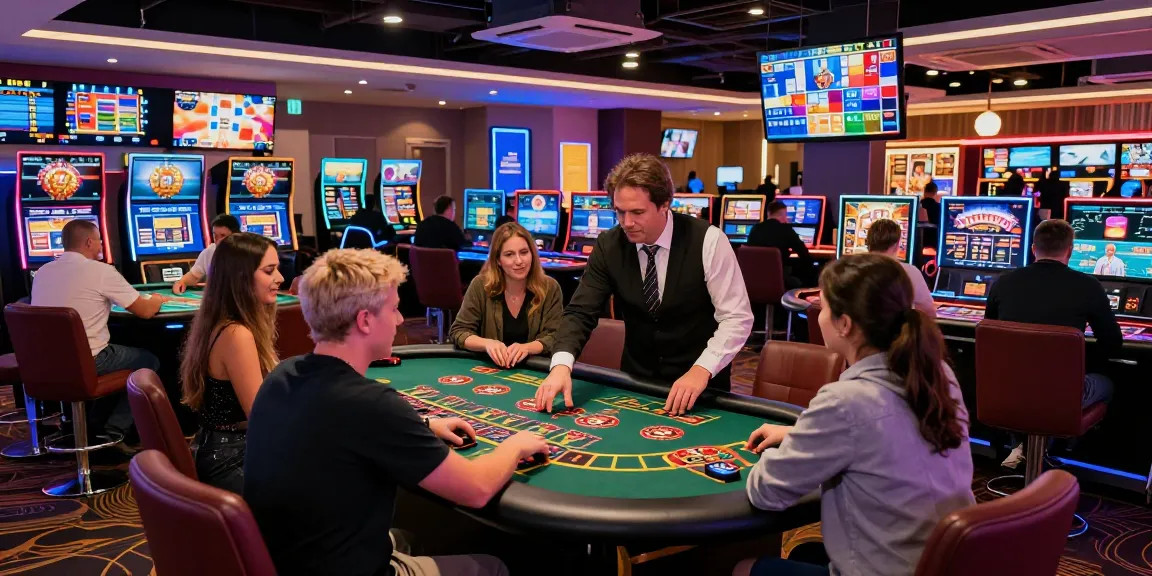 Grandbetting online casino gaming with joyful players at tables in vibrant atmosphere.