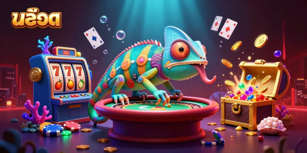 Experience thrilling สล็อต action with a vibrant chameleon casino owner and slot elements in this dynamic scene.