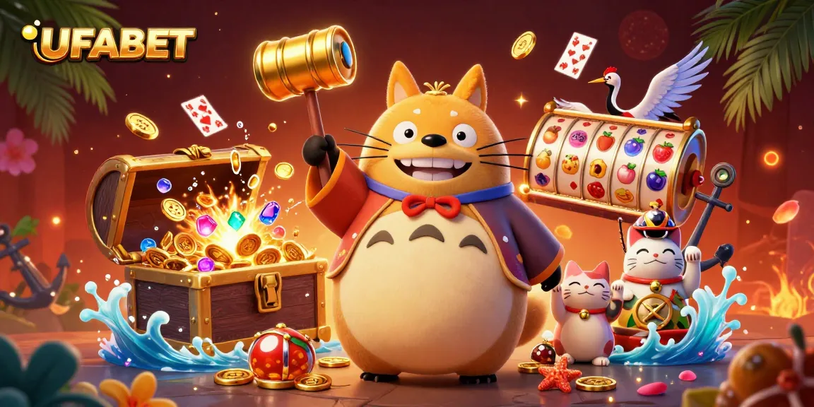 Experience thrilling wins at UFABET with a vibrant gaming scene featuring lucky symbols and cheerful characters.