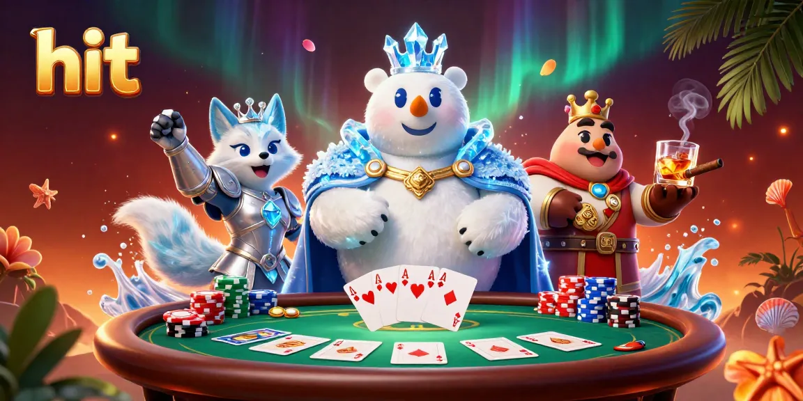 Engage with hit strategies at a vibrant casino scene featuring a powerful ice king and poker elements.