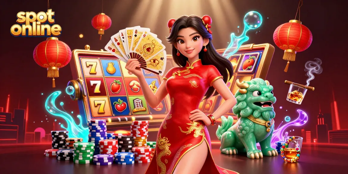 Spin to win in a captivating slot online scene featuring a woman in a qipao, playing cards, and vibrant symbols.