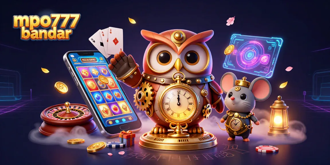 Bet on mpo777 bandar with a dynamic 3D illustration showcasing vibrant casino elements and characters.