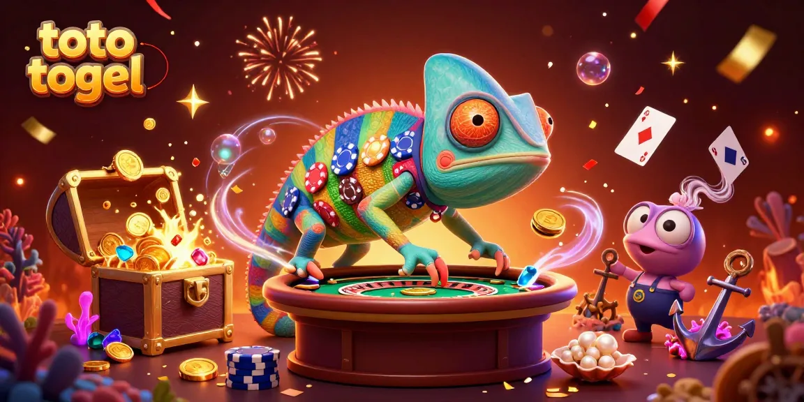 Experience thrilling gameplay with toto togel featuring a colorful chameleon casino owner collecting golden coins.