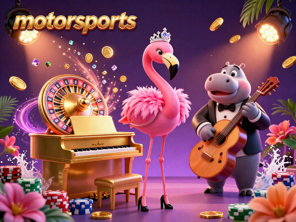Experience motorsports excitement in a lively 3D illustration featuring a flamingo singer and hippo bassist among rich casino elements.