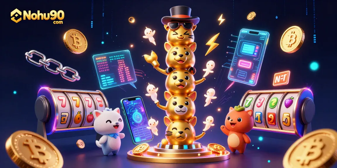 Experience the excitement of Nohu90 com gaming with vibrant 3D illustrations showcasing casino elements and crypto integration.
