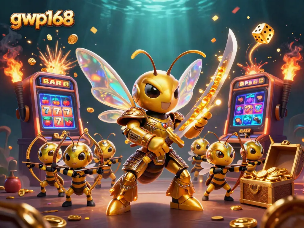 Mengalami jackpot di gwp168 dengan karakter berbentuk kartun beruang emas dan simbol slot yang mengesankan.