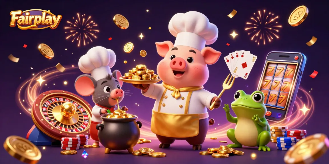 Experience the thrill of Fairplay with a dynamic casino scene featuring gourmet gold coins and excitement.