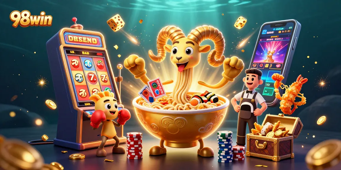 Experience the excitement of 98win with a vibrant 3D casino illustration featuring dynamic game elements.