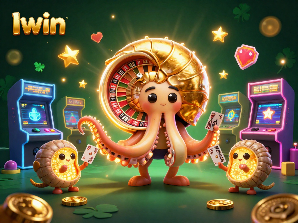 Iwin casino illustration featuring a nautilus roulette wheel and glowing ammonite companions amidst dynamic gaming elements.