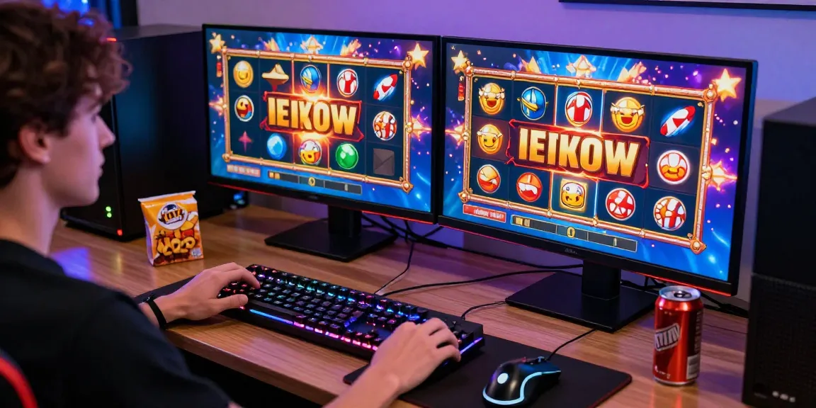 Permainan slot Dewa123 di komputer modern dengan antarmuka yang menarik dan aksesori gaming.
