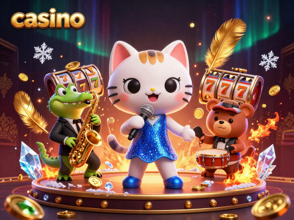 Engaging casino scene with a cat singer, crocodile saxophonist, and bear drummer, celebrating gambling.