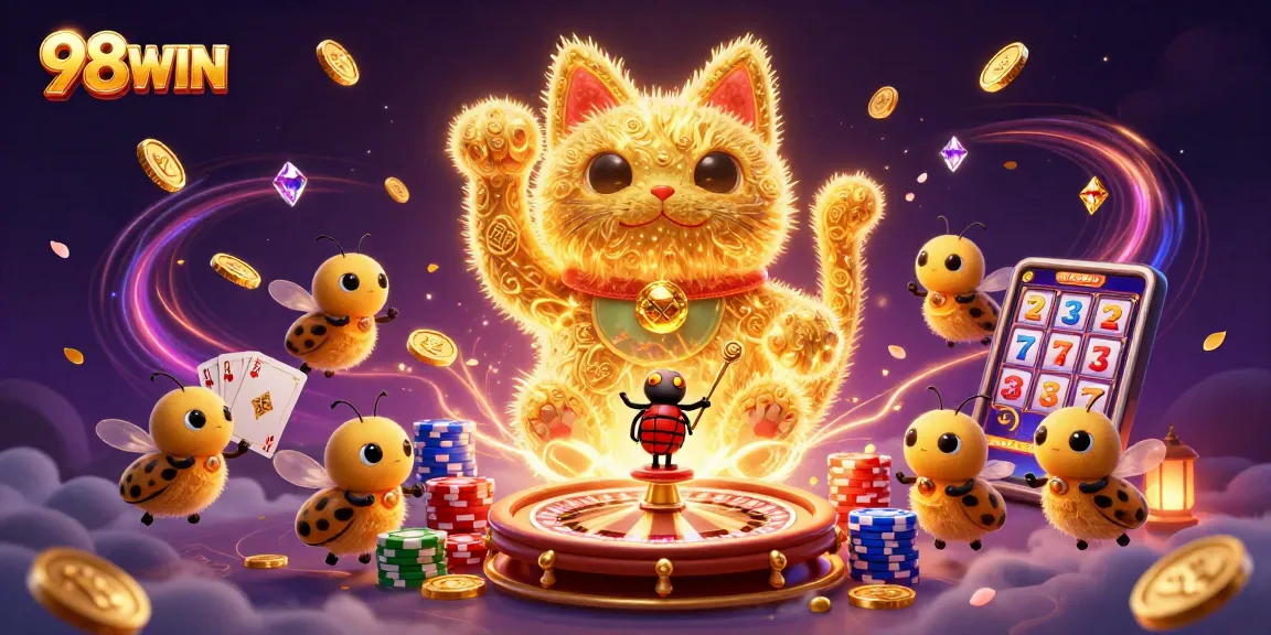 Spin to win with 98WIN's dazzling lucky cat and thrilling casino imagery.