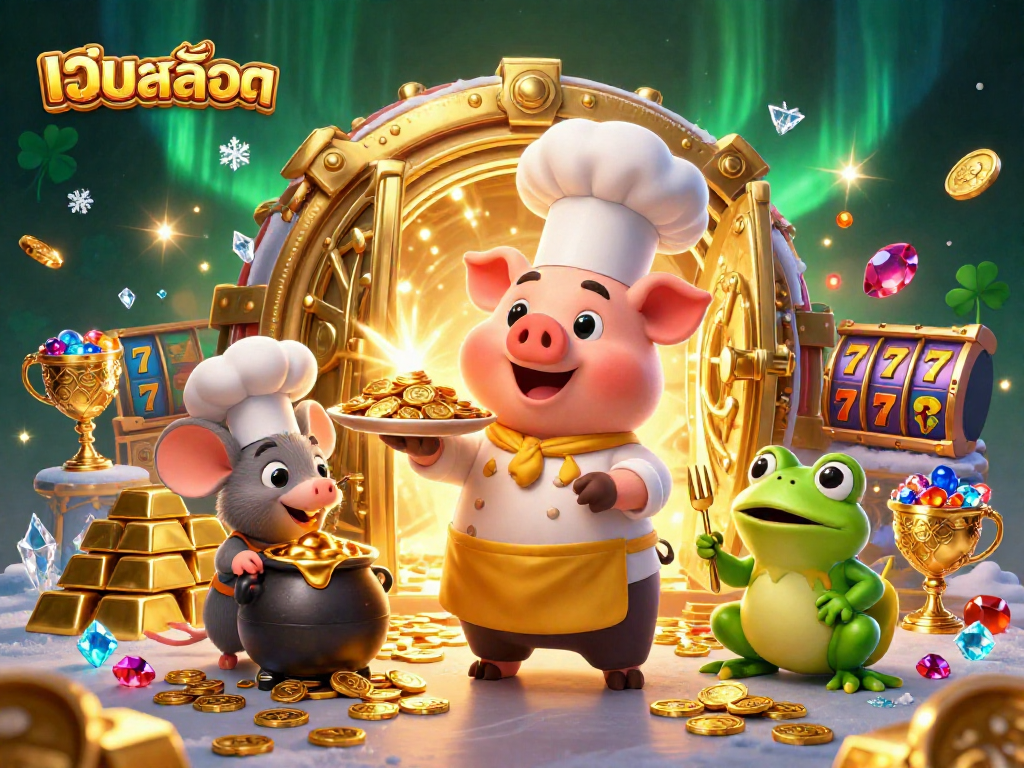 Experience เว็บสล็อต excitement with golden coins, jackpots, and vibrant characters in a dynamic casino scene.
