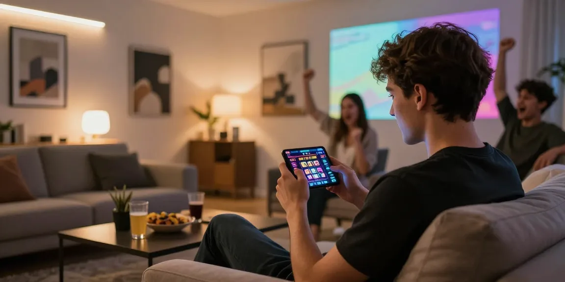 Excited young adult engaged with KO66 casino app in a cozy living room