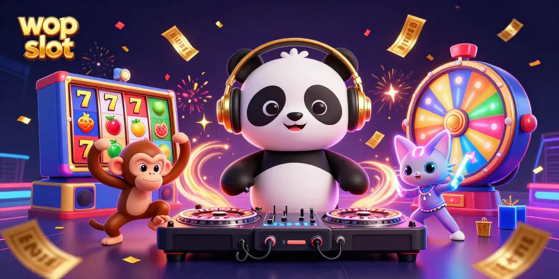 Spin lucky jackpots and win at wop slot with DJ panda, monkey, and kitten in lively casino scene.