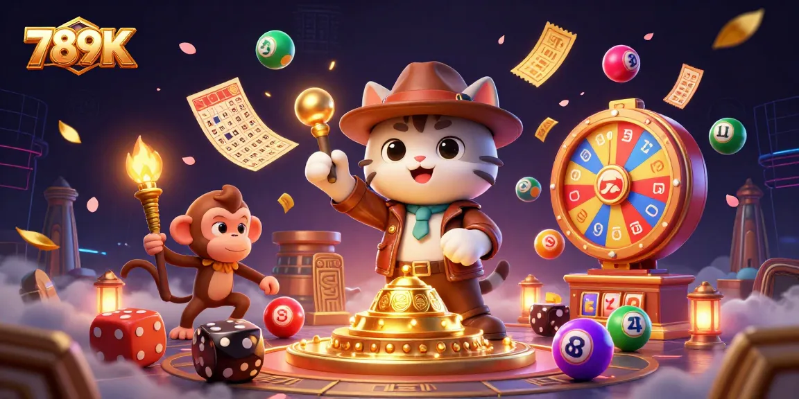 Experience dynamic gaming action with 789K in an illustration featuring a cat explorer and colorful casino elements.