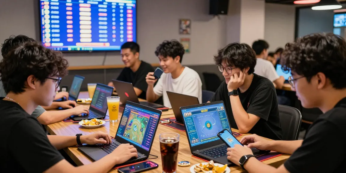 Engaged players enjoying game bài đổi thưởng with friends in a vibrant gaming café setting.