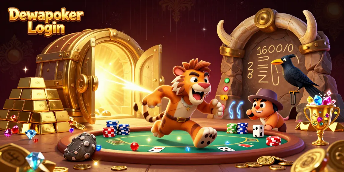 Dewapoker Login features an engaging scene with casino characters, poker games, and treasure.