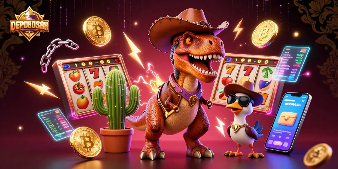 Play DEPOBOS88 slots with a vibrant casino scene featuring cartoon characters and neon elements.