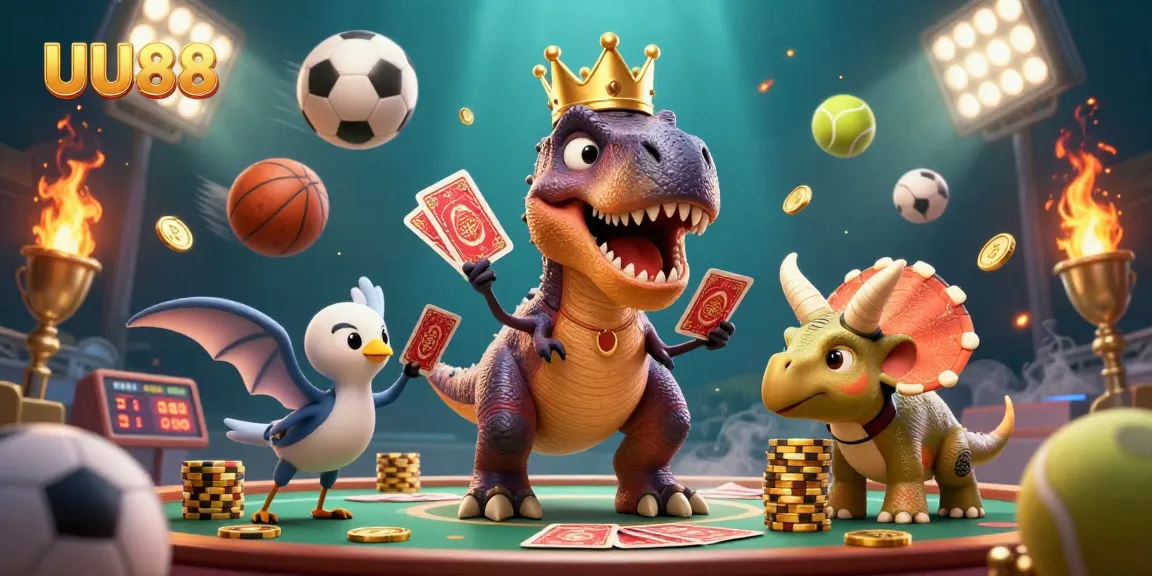 Engage with UU88's vibrant sports betting atmosphere featuring cartoon dinosaurs and dynamic elements.