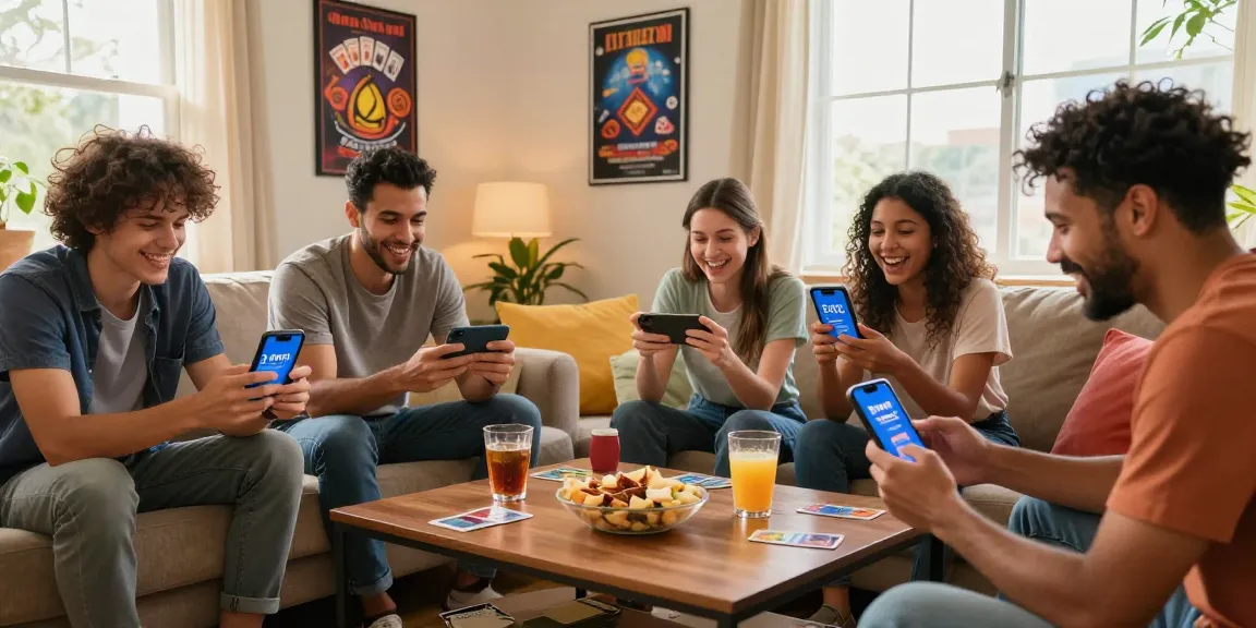 A diverse group of friends enjoying 3 Patti Blue on smartphones, showcasing the app link.