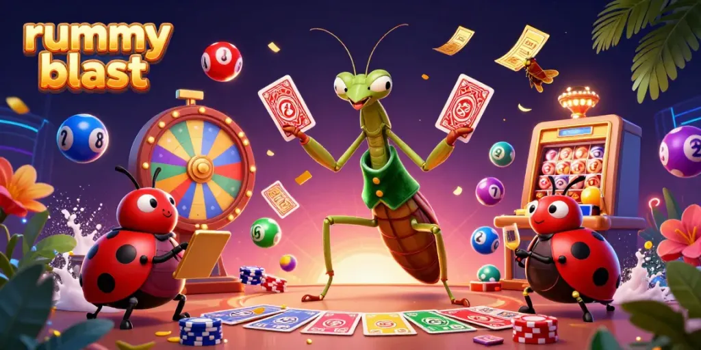 Experience the excitement of rummy blast with vibrant characters and dynamic gaming elements in a rich casino setting.