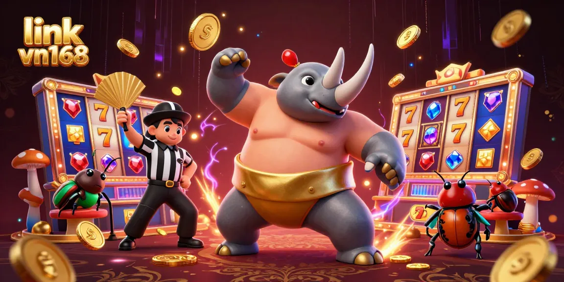 Experience thrilling gameplay with link vn168 as the rhinoceros beetle sumo champion stomps, ejecting coins in a vibrant casino scene.