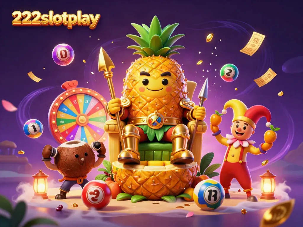 Permainan menyenangkan di 222slotplay dengan Raja Nanas Kartun, jester, dan elemen kasino ramai.