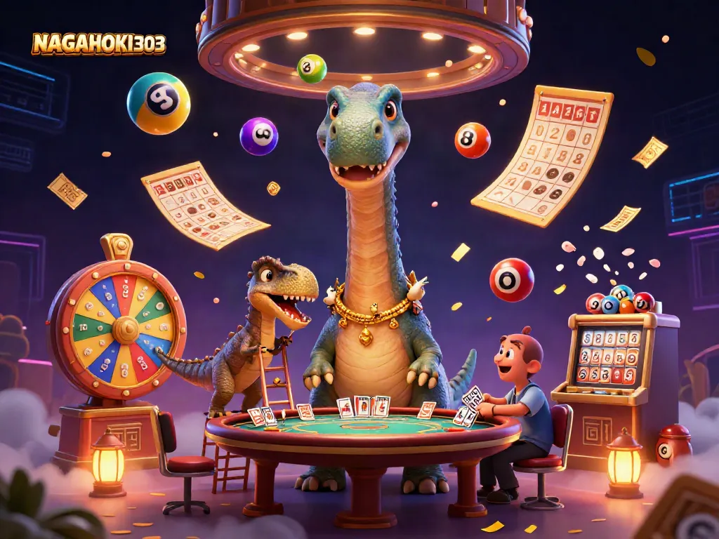 Gambarkan aktivitas bermain lotere di NAGAHOKI303 dengan karakter dinosaurus dan raptor di kasino