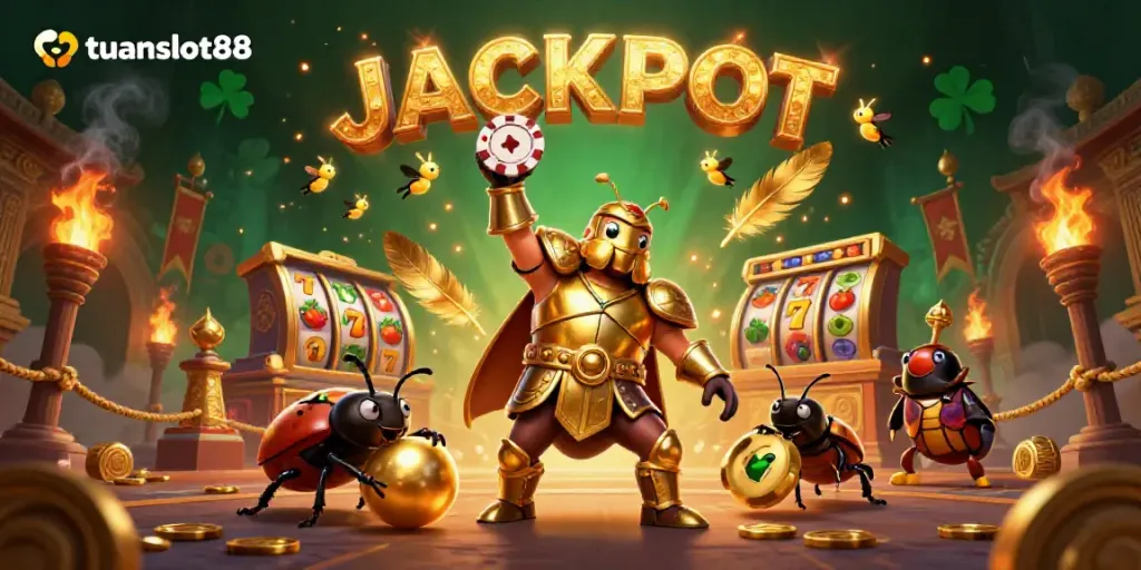 tuanslot88 menampilkan ilustrasi 3D dengan karakter jackpot yang dramatis dalam suasana kasino yang meriah