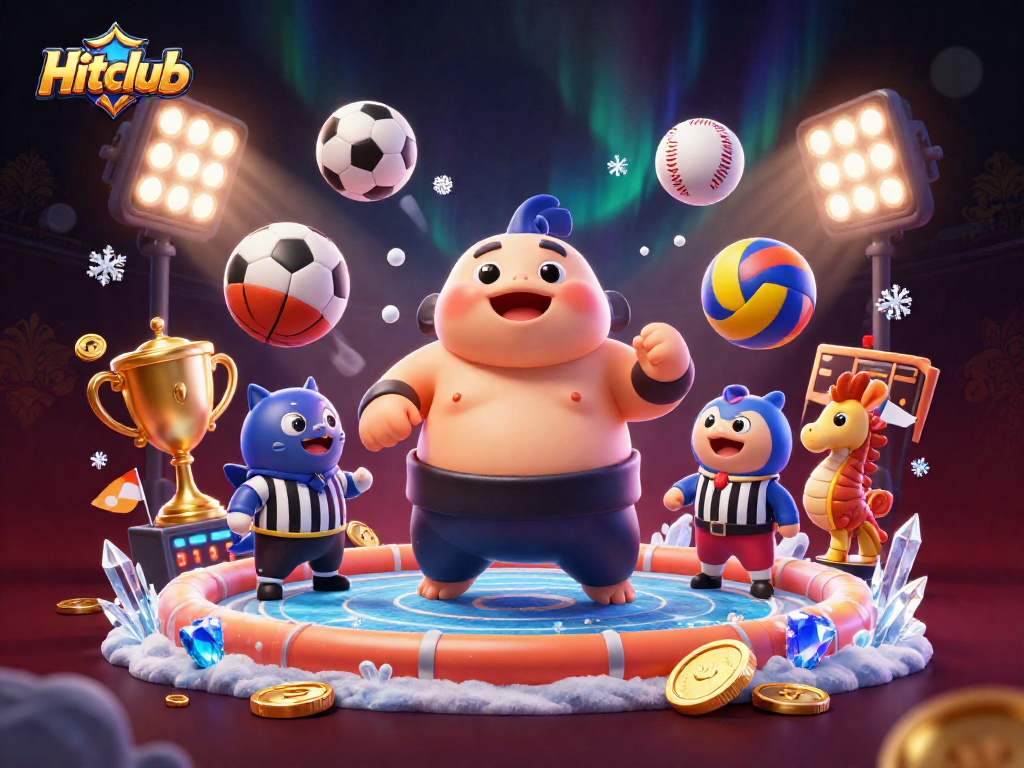 Hitclub's underwater tournament showcases a fugu, catfish referee, and sports balls in action.